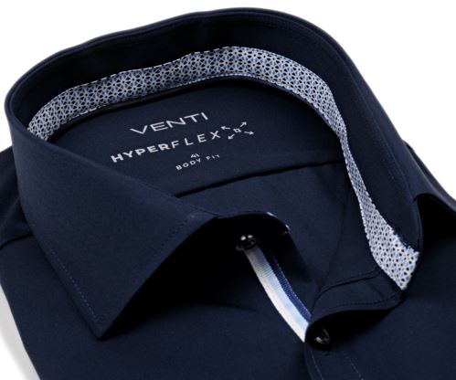 Koszula Venti Body Fit Hyperflex Twill – granatowa elastyczna z niebiesko-białą wewnętrzną stójką i mankietem