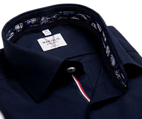Koszula Marvelis Modern Fit – granatowa z kwiatową wewnętrzną stójką i mankietami - ekstra długi rękaw