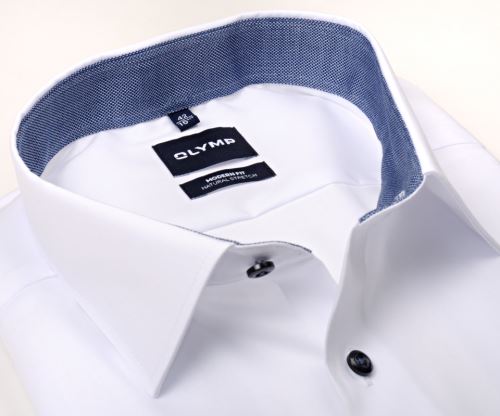 Koszula Olymp Modern Fit Natural Stretch – biała z niebieską wewnętrzną stójką i mankietem