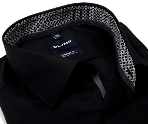 Koszula Olymp Modern Fit Natural Stretch – czarna z czarno-bialą stójką i mankietem - ekstra długi rękaw