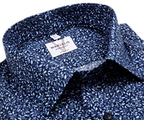 Koszula Marvelis Modern Fit - granatowa z niebiesko-białym wzorem gałązek - extra długi rękaw