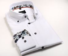Koszula Venti Modern Fit – biała z wewnętrzną stójką i mankietami w kwiaty - extra długi rękaw