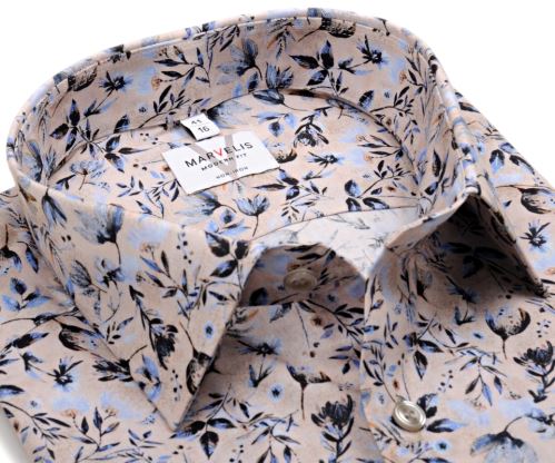 Koszula Marvelis Modern Fit – designerska beżowa w niebieskie kwiaty - extra długi rękaw