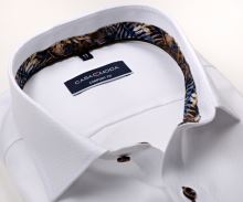 Koszula Casa Moda Comfort Fit Premium – biała z strukturą i niebiesko-brązową wewnętrzną stójką i mankietem