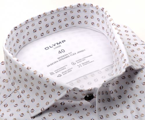 Koszula Olymp Modern Fit 24/Seven – luksusowa elastyczna z beżowo-niebieskim wzorem