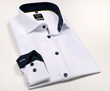 Koszula Olymp Super Slim – biała z delikatną strukturą i niebieską stójką wewnętrzną