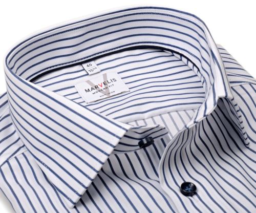 Koszula Marvelis Modern Fit - biała w wplecione granatowe prążki - ekstra długi rękaw