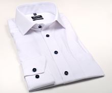 Koszula Olymp Modern Fit Twill – biała z diagonalną strukturą i granatowymi guzikami
