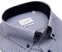 Koszula Eterna Comfort Fit – w jasny niebiesko-beżowy wzór karo z wewnętrzną stójką - krótki rękaw